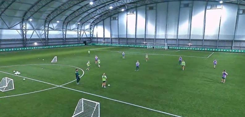 Players spread across the indoor pitch during a practice